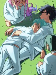2boys 2girls alien_stage barefoot black_hair blue_hair choker closed_eyes commentary cuddling dress english_commentary grass grey_hair head_on_hands highres ivan_(alien_stage) kneeling kuradrawings long_sleeves lying mizi_(alien_stage) multicolored_hair multiple_boys multiple_girls on_grass on_side on_stomach pants pink_hair shirt short_hair signature smile squatting sua_(alien_stage) till_(alien_stage) two-tone_hair very_short_hair white_choker white_dress white_pants white_shirt
