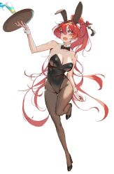 1girl alternate_costume animal_ears bare_shoulders black_bow black_bowtie black_hairband black_leotard black_pantyhose black_shoes bow bowtie breasts collar commentary detached_collar fake_animal_ears hair_between_eyes hair_ornament hair_stick hairband high_heels high_ponytail highleg highleg_leotard holding holding_tray large_breasts leotard long_hair nail_polish open_mouth pantyhose ponytail purple_eyes rabbit_ears red_hair red_nails shoes sib_(9obsl) simple_background solo strapless strapless_leotard tray very_long_hair white_background white_collar white_wrist_cuffs wrist_cuffs wuthering_waves yinlin_(wuthering_waves)