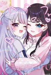 2girls animal_ears black_hair blush colored_inner_hair fake_animal_ears fang gradient_hair green_eyes hana_s heart highres jacket kaga_nazuna long_hair long_sleeves mole mole_under_eye multicolored_hair multiple_girls one_eye_closed open_mouth pink_eyes pink_hair purple_hair skin_fang streaked_hair tosaki_mimi track_jacket twitter_username two-tone_hair virtual_youtuber vspo! watermark