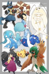 alternate_color arrow_(symbol) bad_id bad_pixiv_id border bright_pupils brionne commentary_request decidueye gen_3_pokemon gen_4_pokemon gen_7_pokemon grey_border hand_up highres lopunny lucario mawile mega_lopunny mega_mawile mega_pokemon nintendo pheromosa pokemon pokemon_(creature) popplio primarina purple_eyes shinx shiny_pokemon translation_request ultra_beast white_background white_pupils yukin_(es)
