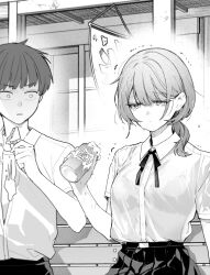 1boy 1girl aged_up bra_visible_through_clothes breasts buttons can collared_shirt drink_can food highres holding holding_can holding_food holding_popsicle komekura_(komeppy22) neck_ribbon on_bench original pleated_skirt popsicle ribbon school_uniform shirt short_hair skirt soda_can spill tearing_up wet wet_clothes wet_shirt