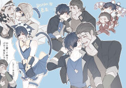 2boys :d ^_^ animal_ears armor belt black_jacket blue_background blue_hair blue_shirt blue_skirt blush bow bowtie brown_hair brown_shirt cat_boy cat_ears cat_tail chibi chibi_inset closed_eyes couple crossdressing date_masamune_(sengoku_basara) dog_tags eyepatch facial_scar fang frilled_hairband frilled_thigh_strap frills gakuen_basara gakuran grin hair_slicked_back hairband helm helmet highres hikatwinkle holding_hands interlocked_fingers jacket katakura_kojuurou_(sengoku_basara) male_focus multiple_boys multiple_views open_mouth pout scar scar_on_cheek scar_on_face school_uniform sengoku_basara shirt short_hair skirt skirt_tug smile sweatdrop tail teeth thigh_strap translation_request upper_teeth_only yaoi yellow_bow yellow_bowtie yellow_eyes