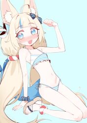 Rule 34 | 1girl, :3, :d, ahoge, animal ear fluff, animal ears, bare arms, bare shoulders, bikini, blonde hair, blue eyes, blue hair, blunt bangs, blush, breasts, cat ears, commentary, eds, fang, fins, fish girl, fish tail, frilled bikini top, hand up, highres, indie virtual youtuber, kneeling, leaning back, long hair, looking at viewer, low twintails, multicolored hair, navel, nose blush, open mouth, paw pose, sameko saba, sandals, side-tie bikini bottom, small breasts, smile, solo, stomach, streaked hair, swimsuit, symbol-only commentary, tail, twintails, two-tone hair, very long hair, virtual youtuber