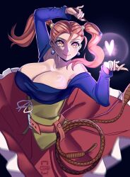 1girl arm_up artist_logo belt blue_shirt breasts brown_hair ceroccb cleavage commentary dragon_quest dragon_quest_viii earrings hand_up heart highres holding holding_wand jessica_albert jewelry large_breasts logo long_hair long_sleeves looking_at_viewer off-shoulder_shirt off_shoulder orange_eyes red_skirt shirt skirt smile solo twintails wand whip