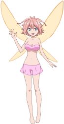 1girl abe_tomoyuki anime_coloring arm_up bandeau barefoot blue_eyes breasts cleavage collarbone fairy fairy_wings full_body insect_wings lily_(beheneko) looking_at_viewer mini_person minigirl miniskirt navel official_art open_hand palms pink_bandeau pink_hair s-rank_monster_no_&quot;behemoth&quot;_dakedo_neko_to_machigawarete_elf_musume_no_pet_toshite_kurashitemasu see-through_clothes see-through_skirt simple_background skirt smile solo spread_fingers standing thighs tsurime waving wings
