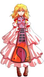 Rule 34 | 1girl, :o, alphes (style), blonde hair, blush, boots, bow, breasts, brown boots, commentary request, dairi, dress, flame print, full body, hair bow, large variant set, long sleeves, looking at viewer, medium breasts, multiple hair bows, open mouth, parody, purple tabard, red bow, sleeves past wrists, solo, style parody, tabard, tachi-e, touhou, transparent background, variant set, white dress, white sleeves, wide sleeves, yakumo yukari, yellow eyes, yin yang