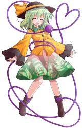 1girl alphes_(style) black_hat blush bow buttons closed_eyes commentary_request dairi diamond_button eyeball facing_viewer floral_print frilled_shirt_collar frills full_body green_hair green_skirt hat hat_bow heart heart_of_string komeiji_koishi large_variant_set long_sleeves medium_hair open_mouth parody print_skirt rose_print shirt simple_background skirt smile solo style_parody tachi-e third_eye touhou transparent_background variant_set wide_sleeves yellow_bow yellow_shirt