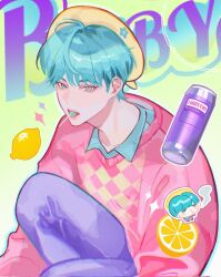 Rule 34 | 1boy, aegyo sal, aqua eyes, aqua hair, aqua shirt, baby (kpop demon hunters), chibi, collarbone, cup, disposable cup, english text, eyes visible through hair, food, food in mouth, fruit, hair over eyes, hat, highres, kpop demon hunters, lemon, lemon slice, lips, looking at viewer, luxu804, male focus, open mouth, pants, pink sweater, purple pants, shirt, short hair, sitting, solo, sweater, upper body, yellow hat