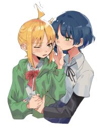 Rule 34 | 2girls, ahoge, black bow, blonde hair, blue hair, bocchi the rock!, bow, commentary, covering another&#039;s mouth, cropped torso, green eyes, green hoodie, hand over another&#039;s mouth, highres, holding hands, hood, hoodie, ijichi nijika, looking at another, mole, mole under eye, multiple girls, one eye closed, open mouth, orange eyes, red bow, school uniform, shimokitazawa high school uniform, shirt, sidelocks, sweatdrop, takao (88499191), white background, white shirt, yamada ryo, yuri