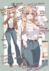 1girl :d absurdres ahoge arm_up bare_arms bare_shoulders blonde_hair blue_pants blush braid breasts brown_hat brown_shirt brown_shoes camisole cleavage collarbone collared_shirt commentary cropped_legs daisy_(flower) dotted_line dress_shirt flower gloves grey_eyes gun hair_between_eyes hair_over_shoulder hat hat_flower heavy_breathing highres large_breasts long_hair long_legs low_twintails multiple_views open_clothes open_mouth open_shirt original pants plaid_clothes plaid_shirt pump_action remington_870 shirt shoes shotgun smile standing sweat symbol-only_commentary tandohark twin_braids twintails weapon white_background white_camisole white_flower white_gloves