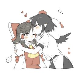 Rule 34 | !, 2girls, ascot, bird wings, black skirt, black wings, blush, bow, brown eyes, brown hair, closed mouth, commentary, detached sleeves, frilled bow, frilled hair tubes, frills, hair bow, hair tubes, hakurei reimu, hat, heart, kiss, kissing forehead, long hair, multiple girls, one eye closed, pointy ears, puffy short sleeves, puffy sleeves, red bow, red hat, red skirt, sakic43899, shameimaru aya, shirt, short sleeves, skirt, skirt set, spoken exclamation mark, tokin hat, touhou, white shirt, wings, yellow ascot, yuri