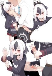 1boy 1girl black_choker black_hair black_hoodie black_horns blue_archive choker collarbone cum cum_on_body cum_on_hands ejaculation erection french_kiss grey_halo grin hair_behind_ear halo handjob hetero highres hood hood_down hoodie horns kayoko_(blue_archive) kiss long_sleeves looking_at_viewer mole mole_on_collarbone multicolored_hair multiple_views open_mouth penis precum red_eyes red_skirt shirt skirt sleevejob smile solo_focus two-handed_handjob two-tone_hair uncensored viroa white_hair white_shirt
