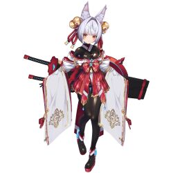 1girl 3d animal_ear_fluff animal_ears bell black_bodysuit blunt_bangs bodystocking bodysuit bodysuit_under_clothes breasts closed_mouth einz_zwei fox_ears fox_girl full_body grey_hair hair_bell hair_intakes hair_ornament highres huge_weapon japanese_clothes jingle_bell katana kimono latex latex_bodysuit long_sleeves looking_at_viewer medium_breasts miko monotail_(vrchat) off_shoulder orange_eyes pleated_skirt red_skirt ribbon_trim sheath sheathed shiny_clothes short_hair simple_background skin_tight skirt sleeves_past_wrists smile solo standing standing_on_one_leg sword tachi-e thigh_gap transparent_background unity_(medium) vrchat weapon weapon_on_back white_background white_hair wide_sleeves yellow_eyes
