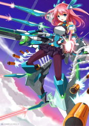 1girl :d armor beam black_pantyhose blue_eyes blush crystal_gate energy fatkewell floating flying full_body funnels_(gundam) gun headgear looking_at_viewer machinery mecha_musume missile open_mouth pantyhose pink_hair rifle skirt sky smile weapon