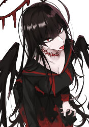 Rule 34 | 1girl, absurdres, antenna hair, black hair, black nails, black sailor collar, black serafuku, black skirt, black wings, blood, blood halo, blood on clothes, blue archive, breasts, choker, cleavage, from above, halo, highres, large breasts, liquid halo, long hair, looking at viewer, nkyu, pale skin, red choker, red eyes, sailor collar, school uniform, serafuku, simple background, skirt, solo, tongue, tongue out, tsurugi (blue archive), white background, wings