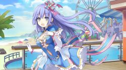 1girl amusement_park beach beach_umbrella blue_dress blue_eyes blue_hair blue_sky breasts cleavage clothing_cutout cloud date_a_live date_a_live:_spirit_pledge dress elbow_gloves ferris_wheel game_cg gloves hair_ribbon izayoi_miku long_hair looking_at_viewer medium_breasts navel_cutout official_alternate_costume official_art open_mouth outdoors palm_tree pool ribbon sky smile third-party_source tree umbrella