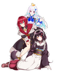 3girls :3 absurdres ange_katrina ange_katrina_(1st_costume) animal animal_ears animal_hair_ornament animal_on_head ankle_boots apron arm_support armband bird bird_on_head black_boots black_coat black_collar black_sash blue_armband blue_eyes blue_hair blue_neckerchief blue_skirt blue_thighhighs blunt_bangs blush boots brown_boots brown_hair brown_kimono brown_tail buttons cardigan clawed_boots closed_mouth coat collar collared_shrug colored_inner_hair commentary_request crossed_bangs dog_ears dog_girl dog_tail double-breasted dress flower frilled_apron frilled_skirt frilled_sleeves frills full_body grey_outline grin group_picture hair_between_eyes hair_flower hair_intakes hair_ornament hair_over_shoulder hand_on_own_hip hand_on_own_thigh hands_up heterochromia high-waist_skirt highres inui_toko inui_toko_(1st_costume) japanese_clothes kimono knee_boots lace-up_boots layered_skirt leaning_forward legs_apart legwear_garter light_smile lize_helesta lize_helesta_(1st_costume) long_hair long_sidelocks long_skirt long_sleeves looking_at_viewer low_twintails maid maid_headdress medium_hair miniskirt monocle multicolored_hair multiple_girls neckerchief nijisanji obi obiage obijime off_shoulder on_head outline pleated_skirt purple_eyes red_cardigan red_eyes red_hair red_skirt ribbed_shirt sanbaka_(nijisanji) sash sebastian_piyodore shigure_(sigre) shirt shirt_tucked_in short_dress shrug_(clothing) sidelocks simple_background sitting skirt sleeves_past_wrists smile split_mouth standing streaked_hair tail thighhighs triangle_hair_ornament twintails two-tone_hair very_long_hair virtual_youtuber wa_maid waist_apron white_apron white_background white_boots white_dress white_hair white_headdress white_shirt white_shrug white_skirt yellow_bird yellow_eyes yokozuwari zettai_ryouiki