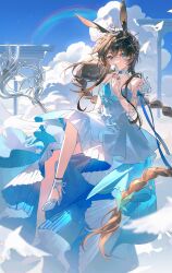 1girl absurdres alternate_costume ambience_synesthesia amiya_(ambience_synesthesia_2025)_(arknights) amiya_(arknights) animal_ears arknights bare_shoulders bird blue_dress blue_eyes blue_sky braid breasts brown_hair cloud cloudy_sky day dress flower full_body gloves hair_ornament high_heels highres holding holding_flower jewelry long_hair looking_at_viewer low-braided_long_hair low-tied_long_hair mage_staff outdoors outstretched_arm rabbit_ears rabbit_girl rainbow ring sanye308 sitting sky solo very_long_hair white_dress white_gloves