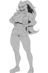1girl abs absurdres barghest_(fate) barghest_(swimsuit_archer)_(first_ascension)_(fate) biceps breasts cleavage collarbone fate/grand_order fate_(series) fingerless_gloves full_body gloves greyscale hat high_ponytail highres large_breasts long_hair looking_at_viewer minew miniskirt monochrome muscular muscular_female navel open_clothes open_shirt pencil_skirt ponytail shoes short_sleeves sidelocks skirt smile sneakers solo thick_thighs thighs