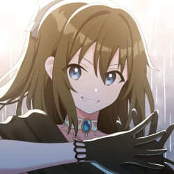 Rule 34 | 1girl, backlighting, black gloves, blue eyes, bow, brown hair, choker, commentary, gloves, grin, hair between eyes, hair bow, highres, long hair, looking at viewer, love live!, love live! nijigasaki high school idol club, osaka shizuku, sidelocks, smile, solitude rain (love live!), solo, white bow, yatogame765