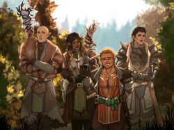 2boys 2girls armor bald black_hair brown_hair cassandra_pentaghast chest_hair closed_eyes cowboy_shot crossed_arms dark-skinned_female dark_skin day dragon_age dragon_age:_inquisition dwarf earrings elf facial_scar facial_tattoo forest fur-trimmed_armor fur_trim hejee highres inquisitor_(dragon_age) jewelry looking_at_another looking_to_the_side mature_male medium_hair multiple_boys multiple_girls nature necklace orange_hair outdoors pectoral_cleavage pectorals pointy_ears scar scar_on_cheek scar_on_face short_hair smile solas tattoo varric_tethras