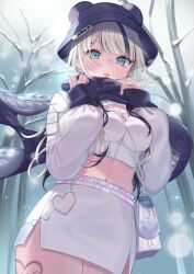 1girl absurdres aqua_eyes bag bare_tree bear_hat black_streaks blonde_hair blue_scarf blunt_bangs blush breasts cleavage commentary ear_piercing earrings from_below hair_ornament hairclip heart heart_o-ring highres jewelry kurumi_noah kurumi_noah_(7th_costume) long_hair long_sleeves looking_at_viewer medium_breasts midriff miniskirt multicolored_hair navel o-ring parted_lips piercing pocket safety_pin scarf shinomiya_ino shirt shoulder_bag shrug_(clothing) side_slit skirt sleeve_cuffs sleeves_past_wrists snow snowing solo strapless streaked_hair tree tube_top virtual_youtuber vspo! white_shirt white_skirt winter zipper zipper_pull_tab