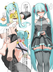 Rule 34 | ..., 1girl, 1other, aqua eyes, aqua hair, aqua necktie, bag of chips, bare shoulders, belly, belly grab, black pants, black skirt, blush, breasts, chips (food), commentary request, crop top, cropped jacket, detached sleeves, embarrassed, exercising, fitness boxing, fitness boxing feat. hatsune miku: isshoni exercise, food, food on face, grey shirt, hair ornament, hands on another&#039;s leg, hatsune miku, highres, hood, hooded jacket, jacket, kanimiso uni, large breasts, long hair, multiple views, navel, necktie, official alternate costume, pants, planking, shirt, simple background, skirt, sleeveless, sleeveless shirt, speech bubble, split, standing, standing on one leg, standing split, stomach, tank top, thighhighs, translation request, twintails, very long hair, vocaloid, weight conscious, white background, white tank top, yellow jacket, zettai ryouiki