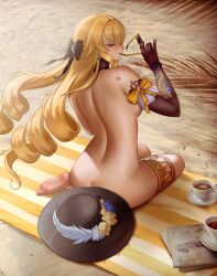 1girl absurdres ass beach_towel black_bow black_hat blonde_hair blue_eyes bow breasts butt_crack coffee commentary completely_nude cup day detached_sleeves drill_hair earrings from_behind full_body genshin_impact hair_between_eyes hair_bow hand_up hat heart highres holding holding_removed_eyewear jewelry large_breasts lipstick_mark long_hair looking_at_viewer looking_back navia_(genshin_impact) newspaper nude outdoors parted_lips puppnet saucer sitting solo teacup thighlet tinted_eyewear towel unworn_eyewear unworn_headwear very_long_hair yellow-framed_eyewear yellow_bow yokozuwari