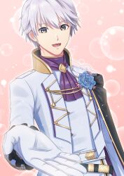 Rule 34 | 1boy, :d, absurdres, ascot, belt, black belt, blue flower, brown eyes, bubble background, citronhsp, commentary request, fire emblem, fire emblem awakening, fire emblem heroes, flower, formal clothes, groom, highres, long sleeves, lower teeth only, male focus, male robin (fire emblem), male robin (groom) (fire emblem), nintendo, official alternate costume, open mouth, outstretched arm, pants, pink background, purple ascot, shirt, short hair, smile, solo, suit, teeth, tongue, white hair, white pants, white shirt, white suit