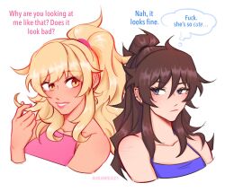 2girls alternate_hairstyle aurora_(aurawra21) blonde_hair blue_eyes blue_shirt brown_hair class_of_09 collarbone commentary earrings english_commentary english_text hair_bun hairstyle_switch highres jecka_(class_of_09) jewelry long_hair multiple_girls nicole_(class_of_09) parted_lips pink_scrunchie pink_shirt ponytail raised_eyebrow scrunchie self-harm_scar shirt sleeveless tan teeth twirling_hair yellow_eyes yuri