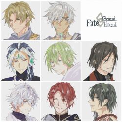Rule 34 | 6+boys, ahoge, alternate hair length, alternate hairstyle, black eyes, black hair, blonde hair, blue eyes, blue hair, brown eyes, chiron (fate), choker, closed eyes, dark-skinned male, dark skin, enkidu (fate), eyeshadow, fate/grand order, fate (series), forehead jewel, green eyes, green hair, grey background, grey hair, hair ornament, highres, iamkumaaa, looking at viewer, looking to the side, lord el-melloi ii, makeup, male focus, medium hair, merlin (fate), multicolored hair, multiple boys, open mouth, portrait, purple eyes, red eyes, red hair, scar, scar on face, scar on neck, shi huang di (fate), short hair, siegfried (fate), simple background, smile, tristan (fate), two-tone hair, waver velvet, white hair, yan qing (fate)