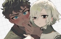 Rule 34 | 2boys, bags under eyes, black eyes, black hair, blue eyes, blush, curly hair, dark-skinned male, dark skin, dungeon meshi, elf, grey hair, grid background, hand on own face, kabru, lazy eye, looking at viewer, male focus, maratang, mithrun, multiple boys, notched ear, pointy ears, portrait, shirt, short hair, sketch, sweat, uneven eyes, white background