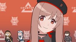 1boy 3girls anis_(nikke) beret breasts brown_hair cleavage commander_(nikke) fukkireta goddess_of_victory:_nikke hat highres jacket large_breasts long_hair long_sleeves multiple_girls necktie neon_(nikke) parody pupupuplus rapi_(nikke) thighhighs thighs