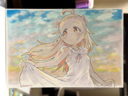 Rule 34 | 1girl, :/, ahoge, artist name, bangs pinned back, bare arms, blush, breasts, bright pupils, brown eyes, cloud, cloudy sky, commentary request, day, dot nose, dress, grey hair, hairband, highres, long hair, looking to the side, matado (almukha), multicolored hair, onii-chan wa oshimai!, outdoors, oyama mahiro, photo (medium), pink hair, red hairband, skirt hold, sky, sleeveless, sleeveless dress, small breasts, solo, sundress, traditional media, twitter username, two-tone hair, white dress