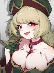 Rule 34 | 1girl, araga kiwi, armpit crease, between breasts, bite mark, blunt ends, blush, breasts, brown hair, bun ends, chain, chain leash, cleavage, collar, collarbone, commentary request, drop shadow, fang, gloves, gold trim, green gloves, green hat, green jacket, hair bun, hand up, hat, heart, heart-shaped pupils, hickey, highres, ilovethelife, jacket, large breasts, leash, long hair, long sleeves, looking at viewer, magical girl, mahou shoujo ni akogarete, military hat, military jacket, mole, mole under eye, open clothes, open jacket, open mouth, red collar, red eyes, red pupils, saliva, saliva trail, seductive smile, sidelocks, skin fang, smile, solo, swept bangs, symbol-shaped pupils, thick eyelashes, tongue, tongue out, twintails, upper body, variant set, wide sleeves