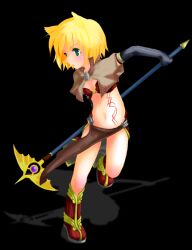 1girl animal_ears arms_behind_back bikini bikini_top_only black_background black_gloves blonde_hair blush boots brown_capelet capelet cat_ears cat_girl commentary_request elbow_gloves flat_chest full_body gloves green_eyes kiriri_(vendemiaire) looking_afar mage_(ragnarok_online) midriff midriff_tattoo navel open_mouth pelvic_curtain ragnarok_online red_bikini red_boots red_skirt short_hair showgirl_skirt skirt solo swimsuit