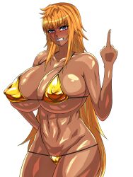 Rule 34 | 1girl, absurdres, bikini, breasts, dark skin, highres, huge breasts, ierouyellow, kamimura maika, long hair, looking at viewer, micro bikini, middle finger, shiny skin, solo, swimsuit, taimanin (series), tan, thong, thong bikini, very long hair