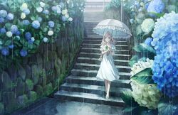 1girl blue_flower ceras_yanagida_lilienfeld closed_mouth collarbone dress flats flower frilled_sleeves frilled_umbrella frills full_body game_cg grey_hair hair_ribbon highres holding holding_umbrella hydrangea link!_like!_love_live! love_live! medium_dress moss non-web_source official_art outdoors pink_ribbon rain ribbon shoes short_sleeves smile solo stairs umbrella virtual_youtuber walking white_dress white_flower white_shoes