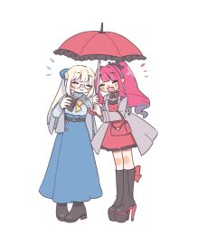 2girls anko_omotimoti baobhan_sith_(fate) blush bow closed_eyes fate/grand_order fate_(series) glasses hair_between_eyes hair_bow high_heels highres jacket long_hair morgan_le_fay_(fate) multiple_girls open_mouth pink_hair pointy_ears ponytail simple_background standing umbrella white_hair