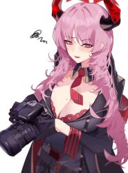 Rule 34 | 1girl, absurdres, belt, black coat, black gloves, blue archive, blunt bangs, blunt sidelocks, blurry, bra, breasts, camera, cleavage, coat, curly hair, demon horns, depth of field, detached collar, gloves, gun, halo, handgun, highres, holding, holding camera, horns, lace, lace-trimmed bra, lace trim, large breasts, light blush, long hair, looking at viewer, mole, mole on breast, necktie, open mouth, pink hair, raised eyebrow, red bra, red horns, red necktie, satsuki (blue archive), shiny skin, sidelocks, simple background, solo, spoken squiggle, squiggle, underwear, weapon, white background, yiran