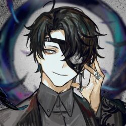1boy adjusting_eyepatch black_hair black_vest collared_shirt colored_sclera eyepatch flower grey_sclera grey_shirt hand_on_own_head head_tilt highres jewelry looking_at_viewer loose_hair_strand male_focus multiple_rings one_eye_covered original plant portrait ring rose shirt short_hair smile solo vest vines white_eyes white_flower white_rose wuruko