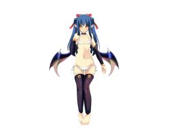 1girl arm_at_side arm_up bare_shoulders barefoot bikini black_collar black_thighhighs blue_hair blue_wings blush bow closed_mouth collar demon_girl demon_wings detached_sleeves eyes_visible_through_hair game_cg gold_trim hair_bow licking_lips mon-musu_quest! mon-musu_quest:_paradox monster_girl navel neris_(mon-musu_quest!) non-web_source nose pointy_ears red_bow ribbon shiki_(psychedelic_g2) short_hair swimsuit thighhighs tongue tongue_out twintails variant_set white_bikini wings yellow_eyes yellow_ribbon
