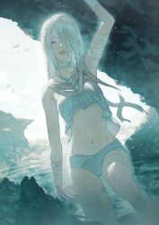 Rule 34 | 1girl, a.k.i. (street fighter), arm up, bandage over one eye, bandaged arm, bandaged leg, bandaged neck, bandages, collarbone, fagi (kakikaki), hair over one eye, highres, mole, mole under mouth, navel, official alternate costume, official alternate hairstyle, red eyes, scenery, solo, street fighter, street fighter 6, swimsuit, white hair
