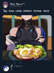 1boy absurdres apple apple_slice barbeloth_(genshin_impact) bare_shoulders black_hair bridal_gauntlets crossed_arms dodoco_(genshin_impact) egg egg_(food) fake_screenshot food fruit genshin_impact hardboiled_egg head_out_of_frame highres japanese_clothes lettuce memeh mona_(genshin_impact) open_clothes plate potato salad satisfying_salad_(genshin_impact) scaramouche_(genshin_impact) short_hair short_sleeves upper_body wanderer_(genshin_impact)
