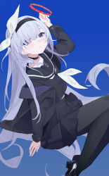 1girl absurdres arm_support arm_up black_choker black_coat black_hairband black_pantyhose black_sailor_collar black_serafuku black_shirt black_shoes black_skirt blue_archive blue_background blush bow braid choker closed_mouth coat commentary curled_fingers fanshuimucishen gradient_background grey_eyes hair_bow hair_ornament hair_over_one_eye hairband halo highres invisible_chair knees_out_of_frame knees_up light_smile loafers long_hair long_sleeves looking_at_viewer midriff_peek miniskirt neckerchief open_clothes open_coat pantyhose plana_(blue_archive) plantar_flexion pleated_skirt red_halo red_pupils sailor_collar sailor_shirt school_uniform serafuku shirt shoes simple_background single_braid single_off_shoulder sitting skirt solo unworn_hair_ornament very_long_hair white_bow white_hair white_neckerchief