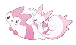 :3 alternate_color animal_focus animal_hands black_eyes ferret full_body furret gen_2_pokemon gen_4_pokemon highres looking_at_viewer masayo_(skip) nintendo no_humans pachirisu pink_fur pokemon pokemon_(creature) shiny_pokemon simple_background squirrel tail two-tone_fur white_background white_fur