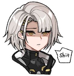1girl carvi_be_happy closed_mouth cropped_torso english_text expressionless girls&#039;_frontline girls&#039;_frontline_2:_exilium grey_hair hashtag-only_commentary highres short_hair simple_background solo speech_bubble vector_(girls&#039;_frontline) vector_(girls&#039;_frontline_2) white_background yellow_eyes