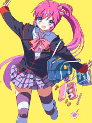 Rule 34 | 1girl, :d, = hair ornament, ahoge, akayama yukihe, bag, black jacket, blue eyes, blush, bow, collared shirt, commentary request, fang, foot out of frame, grey skirt, hair bobbles, hair ornament, highres, jacket, little busters!, little busters! school uniform, long hair, long sleeves, looking at viewer, miniskirt, one side up, open mouth, outstretched arms, pink bow, pink hair, plaid clothes, plaid skirt, pleated skirt, saigusa haruka, school uniform, shirt, shoulder bag, side ponytail, simple background, skin fang, skirt, smile, solo, standing, standing on one leg, striped clothes, striped thighhighs, thighhighs, very long hair, white shirt, yellow background, zettai ryouiki