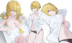 1girl absurdres bathing bathtub black_panties blonde_hair breasts collarbone commentary cup english_commentary evelyn_chevalier highres holding holding_cup large_breasts long_hair lying multiple_views noir_(noir_reveur) on_back on_bed panties partially_unbuttoned purple_eyes rubber_duck shirt simple_background underwear white_background white_shirt zenless_zone_zero