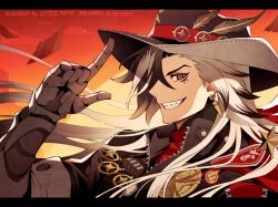 1boy black_hair black_hat boothill_(honkai:_star_rail) bullet_earrings ear_piercing earrings hair_over_one_eye hat hat_feather honkai:_star_rail honkai_(series) jewelry long_hair male_focus meiji_ken multicolored_hair piercing police_badge sharp_teeth solo split-color_hair teeth two-tone_hair white_hair zipper